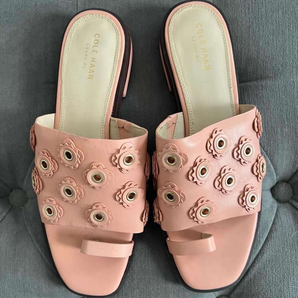 Cole Haan Carly Floral Pink Slide Sandals with Gold Embellishments